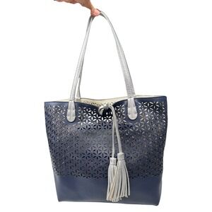 Imoshin Laser Cut Tote‎ Bag Silver Navy Removable Pouch B72Q